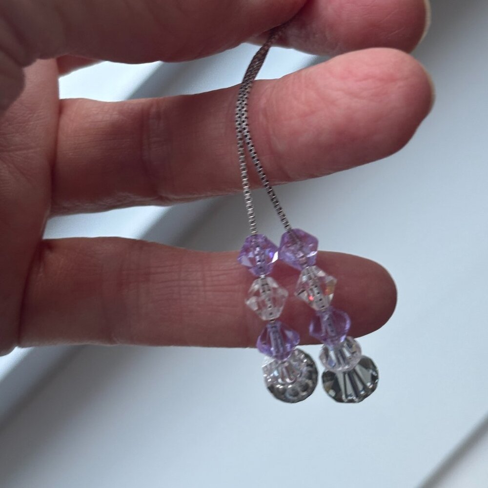 Swarovski Crystal Dangle Earrings- Grey/Clear/Purple -Sterling Silver